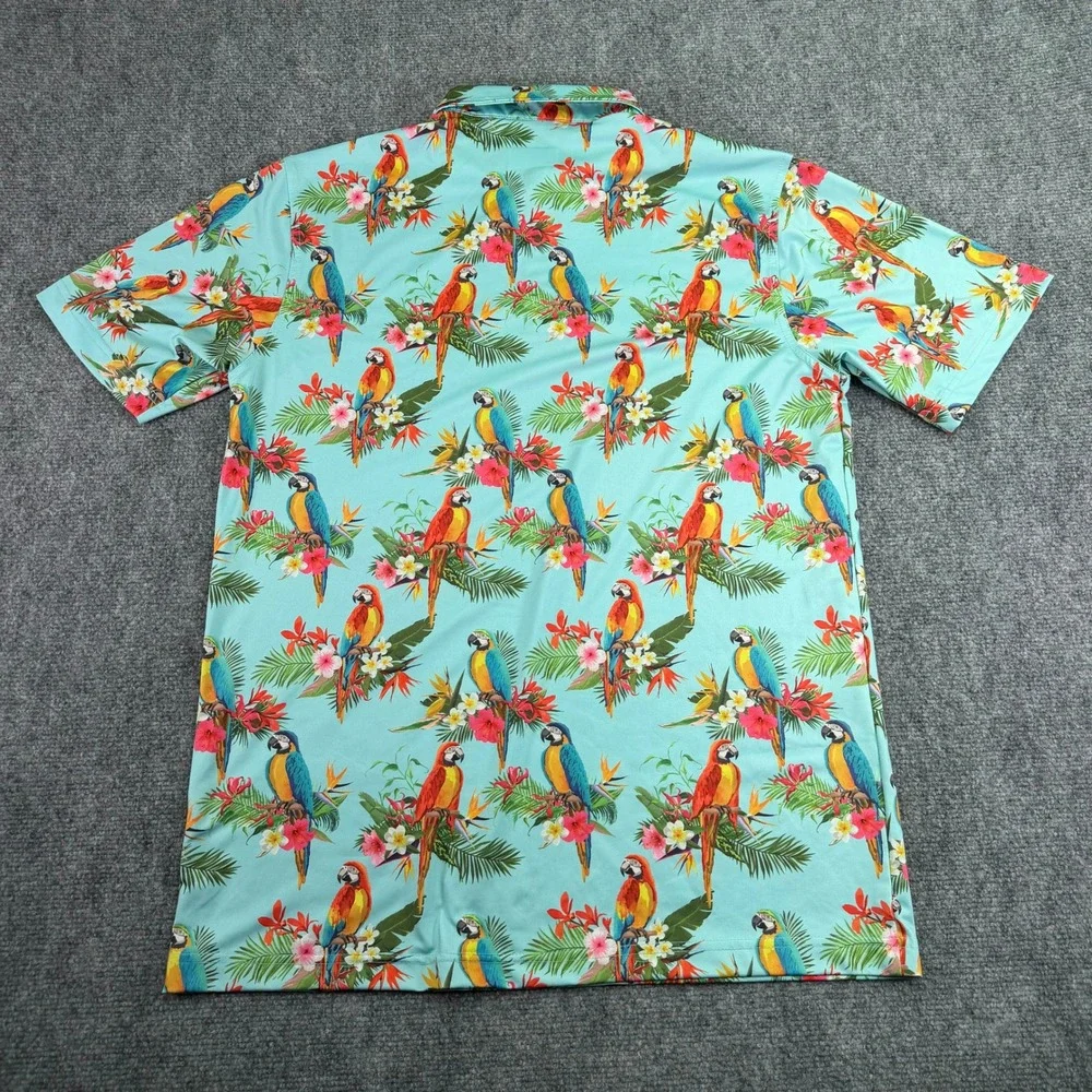 Waggle Polo Shirt Mens Medium Hawaiian Parrot Floral Print Performance Golf - Picture 7 of 8